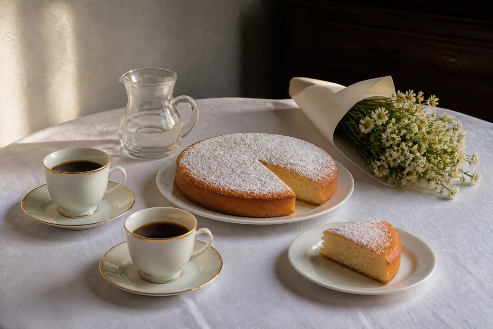 Egyszerűen megterített asztal fehér vászonterítővel egy névnapi látogatáshoz: két aranyszegélyes porcelán kávéscsésze, üvegkancsó, dísz nélküli, porcukorral hintett piskótatorta egy kivágott szelettel, mellette papírba csavart fehér réti virágcsokor.